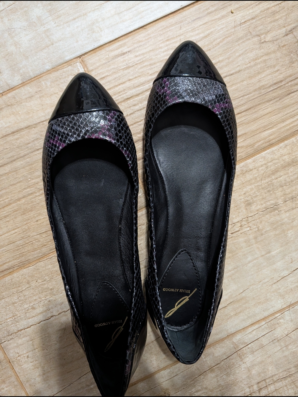 Brian Atwood Black and Purple Snake-Print Pointed-Toe Flats